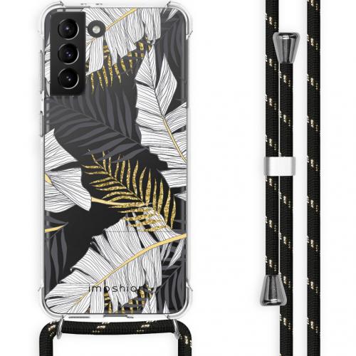 iMoshion Design hoesje met koord voor Samsung Galaxy S21 Plus - Bladeren - Zwart / Goud