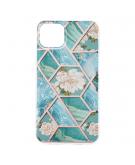Shop4 - iPhone 13 Hoesje - Zachte Back Case Marmer Hexagoon met Bloemen Turquoise