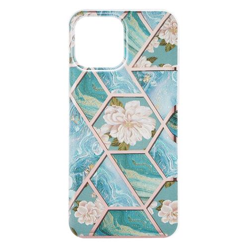 Shop4 - iPhone 13 Pro Max Hoesje - Zachte Back Case Marmer Hexagoon met Bloemen Turquoise